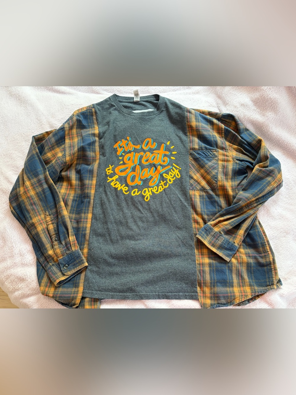 Gildan Dark Gray Long-Sleeve Tee with Yellow and Teal Graphic and Plaid Sleeves